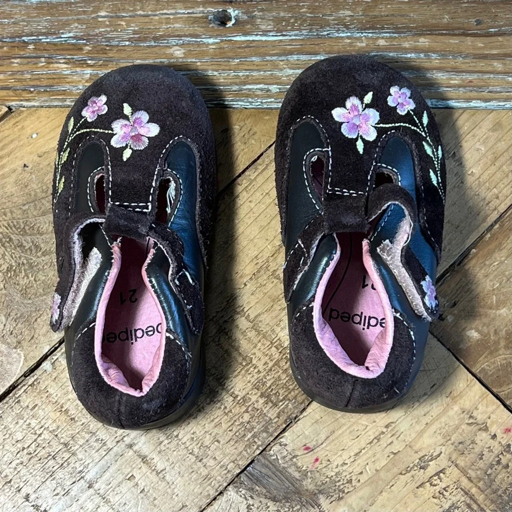 Pediped Brown‎ Leather Suede Floral Embroidered Toddler Shoes Size US 5 EU 21